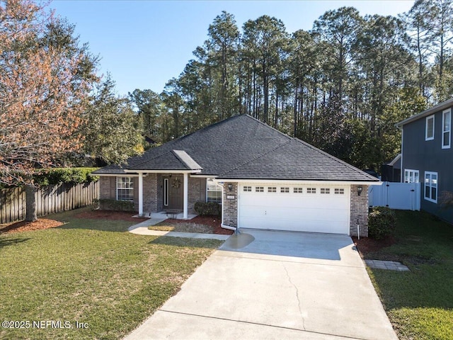 view of front of property with a front yard, fence, an attached garage, a shingled roof, and concrete driveway