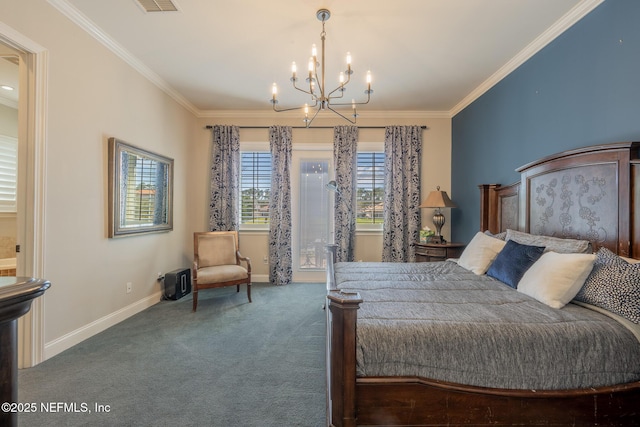 3808 Catania Pl, Jacksonville, FL 32224 - bedroom featuring carpet, visible vents, baseboards, crown molding, and a chandelier