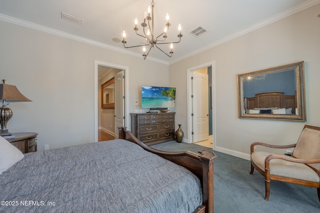 3808 Catania Pl, Jacksonville, FL 32224 - carpeted bedroom featuring visible vents, baseboards, a notable chandelier, and ornamental molding