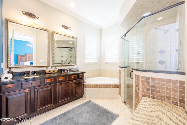 3808 Catania Pl, Jacksonville, FL 32224 - bathroom with a bath, a stall shower, crown molding, and a sink