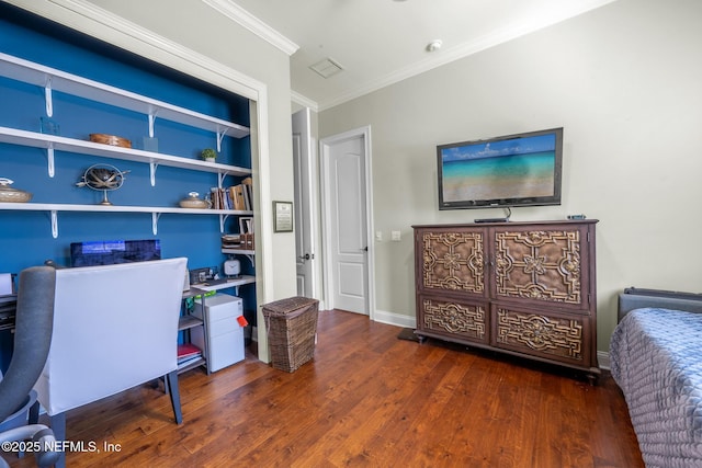 3808 Catania Pl, Jacksonville, FL 32224 - office space with visible vents, built in shelves, baseboards, ornamental molding, and wood finished floors