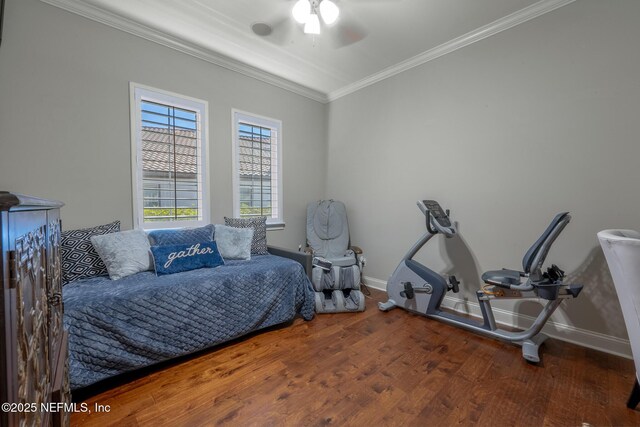 3808 Catania Pl, Jacksonville, FL 32224 - bedroom featuring baseboards, a ceiling fan, wood finished floors, and crown molding