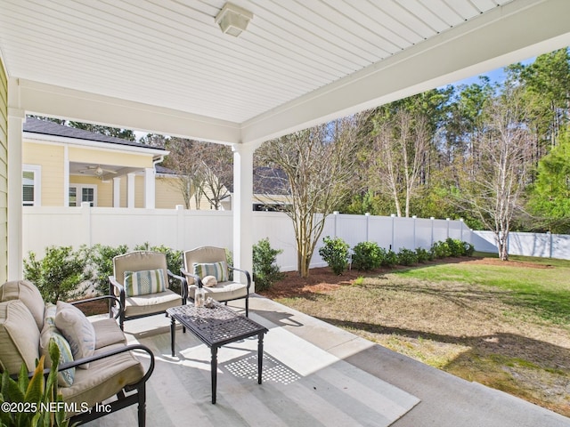 view of patio / terrace with a fenced backyard and an outdoor hangout area