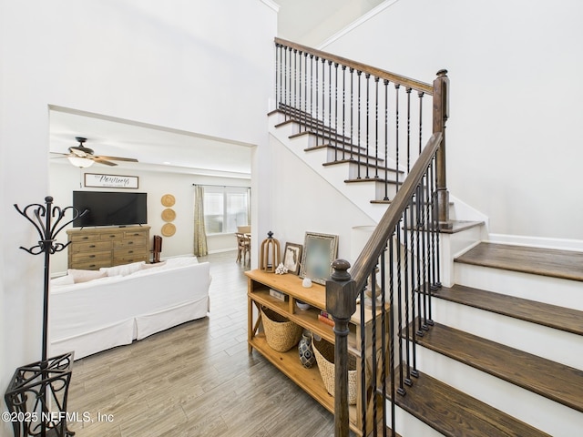 staircase with a high ceiling, a ceiling fan, and wood finished floors