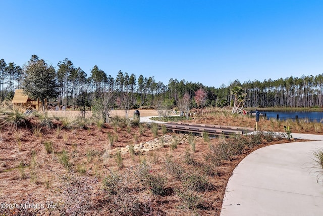 view of yard with a wooded view and a water view