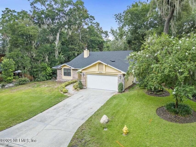 ranch-style home with driveway, a front lawn, roof with shingles, a garage, and a chimney