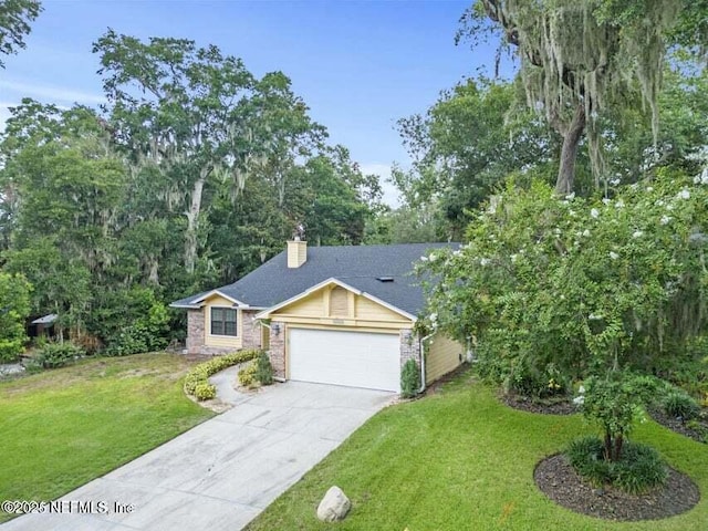 ranch-style home with a chimney, a front lawn, concrete driveway, a garage, and brick siding