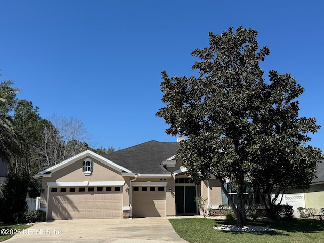 view of front of home with stucco siding, a garage, roof with shingles, and driveway