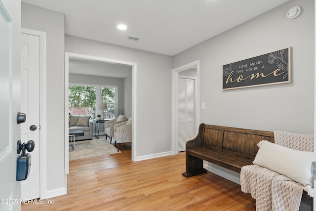 interior space featuring recessed lighting, visible vents, baseboards, and light wood-style flooring