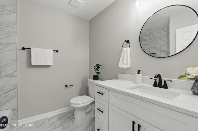 full bath with vanity, baseboards, visible vents, toilet, and marble finish floor