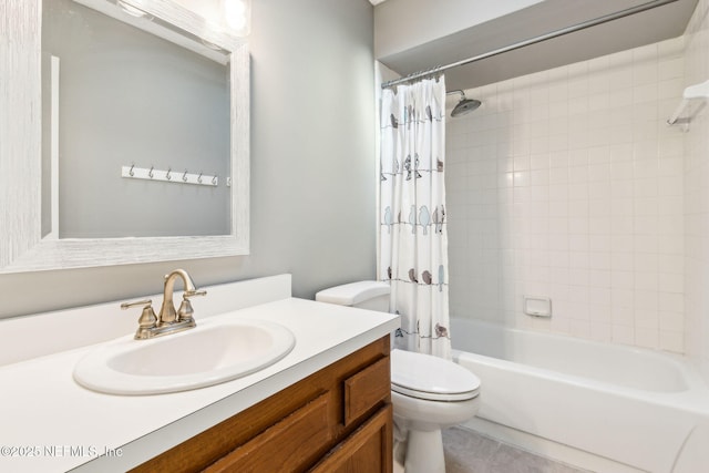 bathroom with shower / tub combo, toilet, and vanity