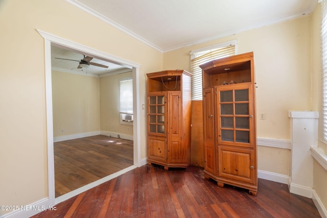 346 N Cherry St, Starke, FL 32091 - unfurnished room featuring baseboards, a ceiling fan, ornamental molding, and dark wood-style flooring