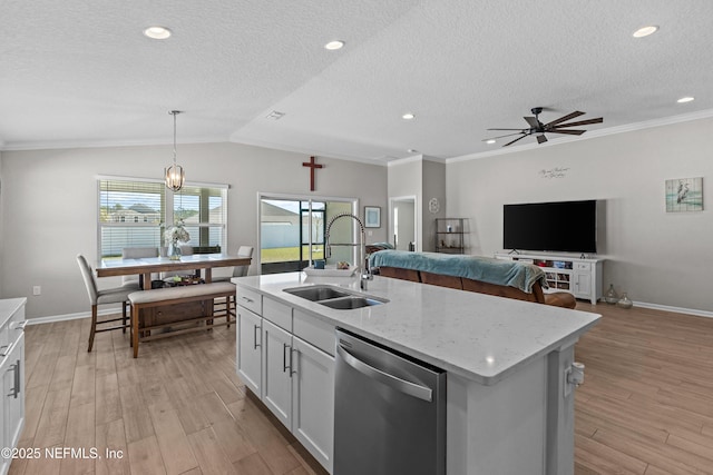 kitchen with a ceiling fan, a sink, white cabinets, dishwasher, and light wood-type flooring