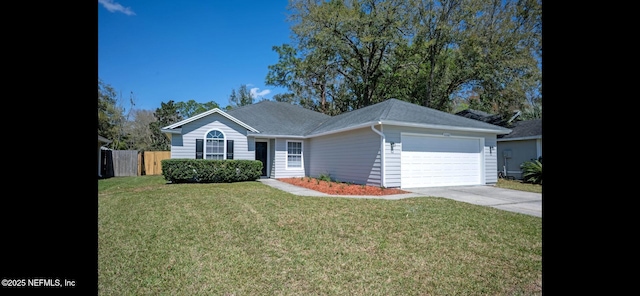 ranch-style house with fence, roof with shingles, concrete driveway, a front yard, and an attached garage