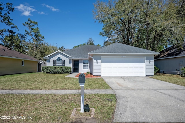 single story home featuring concrete driveway, a front yard, a garage, and roof with shingles