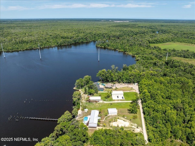 drone / aerial view with a water view and a wooded view