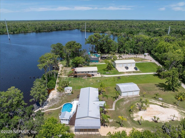 birds eye view of property with a forest view and a water view