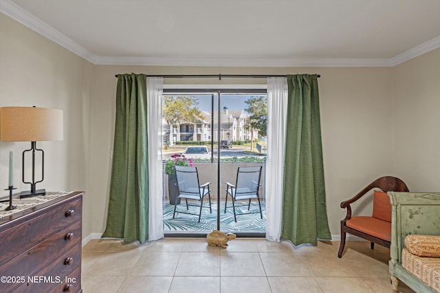 living area with light tile patterned floors, crown molding, and baseboards