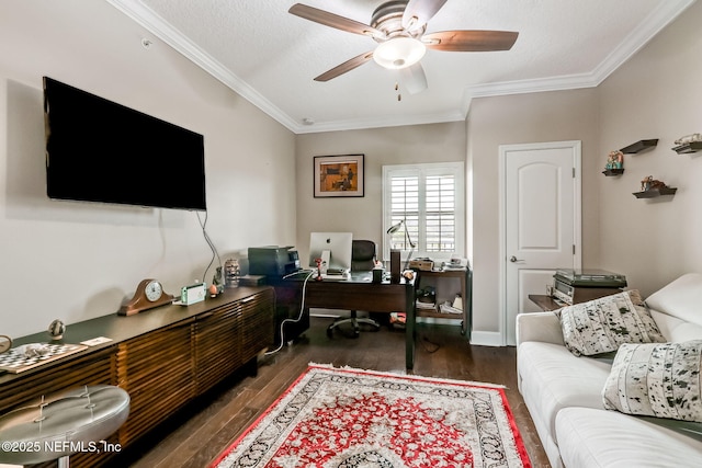 office area featuring wood finished floors, crown molding, and a ceiling fan