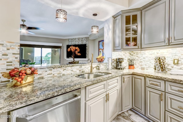 kitchen with a sink, glass insert cabinets, stainless steel dishwasher, crown molding, and marble finish floor