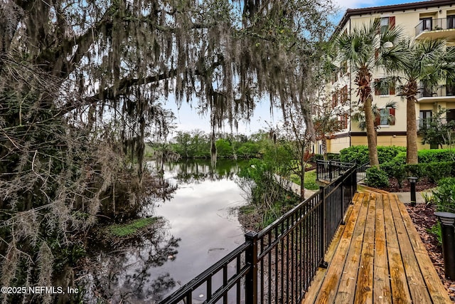 exterior space with a water view