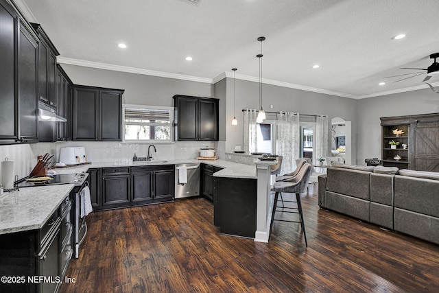 kitchen featuring under cabinet range hood, open floor plan, a kitchen bar, a peninsula, and stainless steel appliances