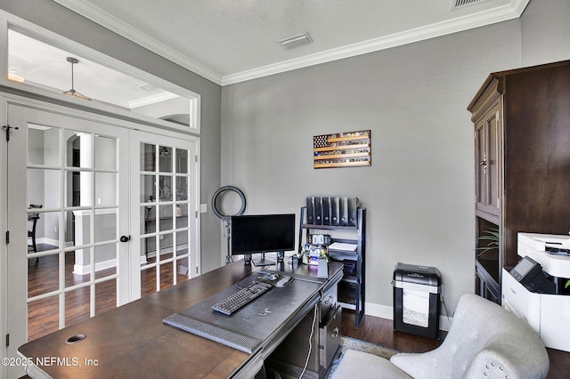 office area with visible vents, baseboards, ornamental molding, french doors, and wood finished floors