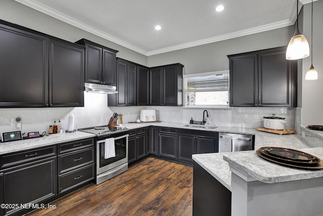 kitchen with dark cabinetry, dark wood-style floors, a sink, stainless steel appliances, and under cabinet range hood