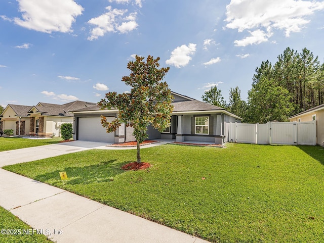 view of front of house with a gate, a garage, driveway, and stucco siding