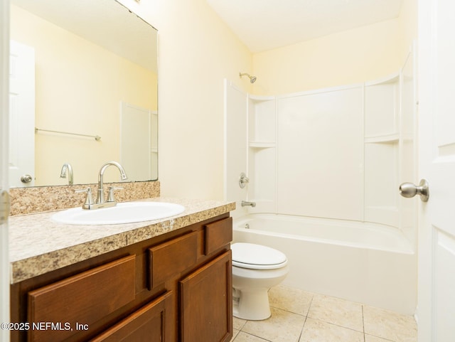 full bath featuring bathing tub / shower combination, toilet, vanity, and tile patterned flooring