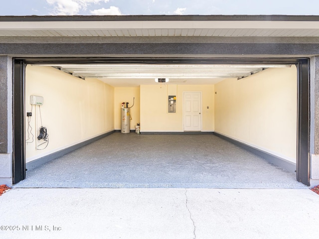 garage featuring electric panel, a garage door opener, baseboards, and electric water heater