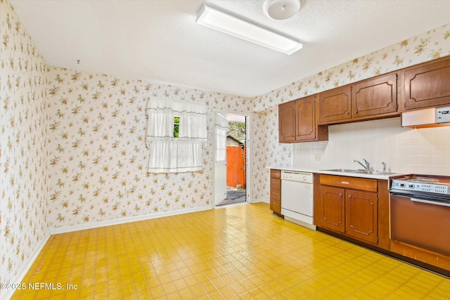 kitchen with wallpapered walls, electric range, dishwasher, and a sink