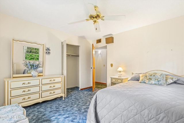 bedroom with a ceiling fan, visible vents, baseboards, a closet, and dark colored carpet