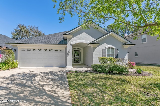 view of front of home with roof with shingles, an attached garage, stucco siding, concrete driveway, and a front lawn