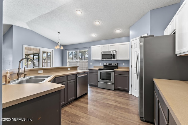 kitchen featuring wood finished floors, a sink, stainless steel appliances, vaulted ceiling, and white cabinets