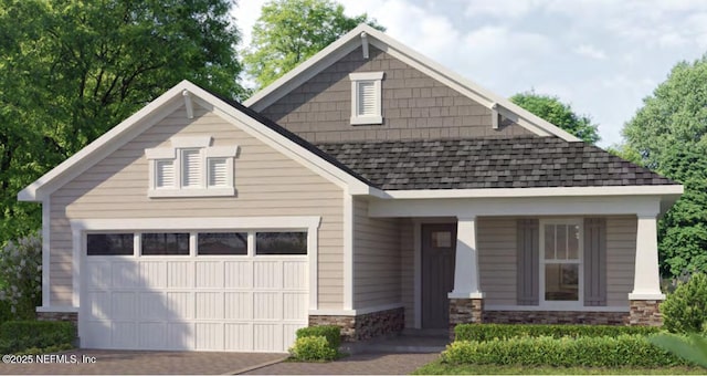 craftsman inspired home with an attached garage, stone siding, driveway, and roof with shingles