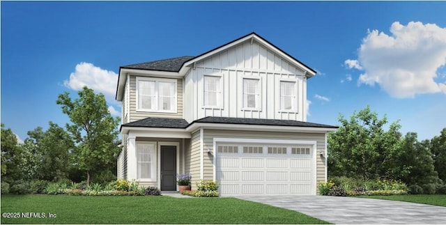 view of front of home featuring an attached garage, a front yard, driveway, and board and batten siding