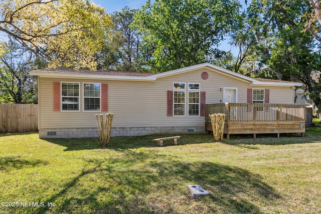 manufactured / mobile home with crawl space, a wooden deck, a front yard, and fence