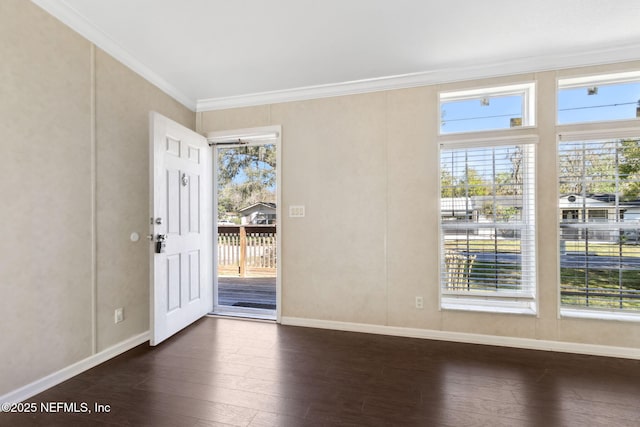 foyer with dark wood finished floors, crown molding, and baseboards