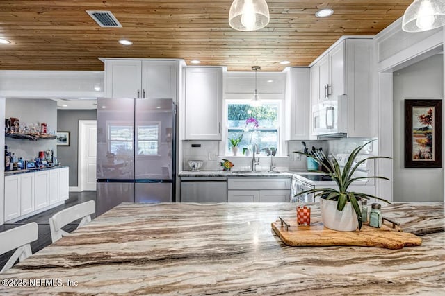 kitchen with visible vents, a sink, wood ceiling, appliances with stainless steel finishes, and white cabinetry