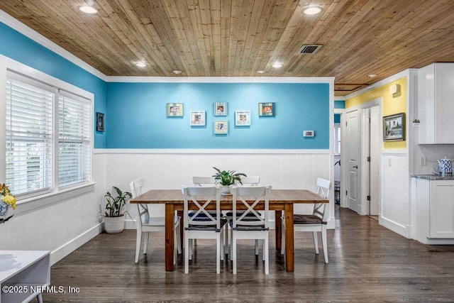 dining room featuring dark wood-style floors, a wainscoted wall, wooden ceiling, and crown molding