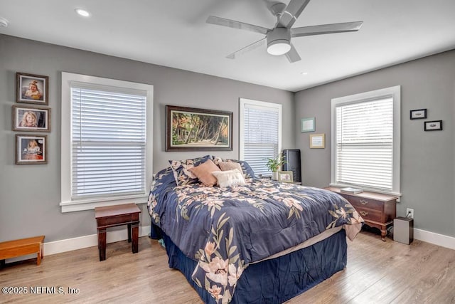 bedroom with recessed lighting, baseboards, a ceiling fan, and light wood finished floors