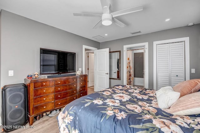 bedroom featuring recessed lighting, wood finished floors, visible vents, and ceiling fan