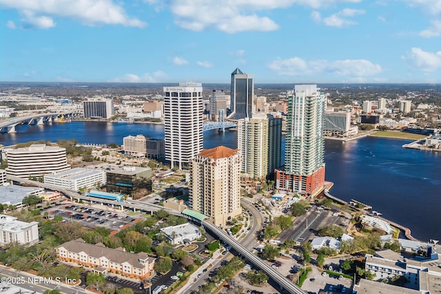 birds eye view of property with a city view and a water view