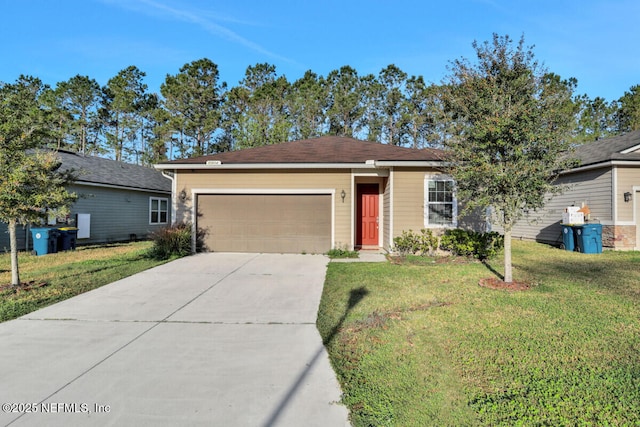 single story home featuring an attached garage, concrete driveway, and a front yard