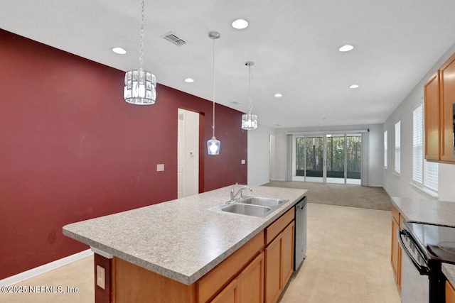 kitchen with visible vents, range with electric cooktop, a sink, dishwasher, and decorative light fixtures