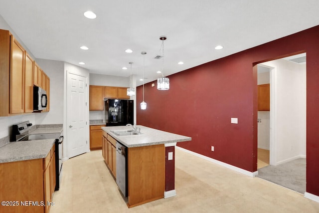 kitchen with stainless steel microwave, range with electric cooktop, dishwasher, an island with sink, and black refrigerator with ice dispenser