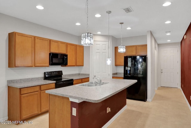 kitchen featuring visible vents, recessed lighting, a sink, black appliances, and light countertops