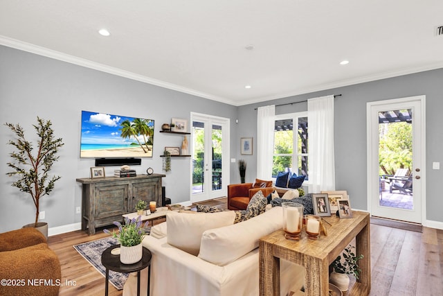 living room featuring wood finished floors, french doors, and plenty of natural light