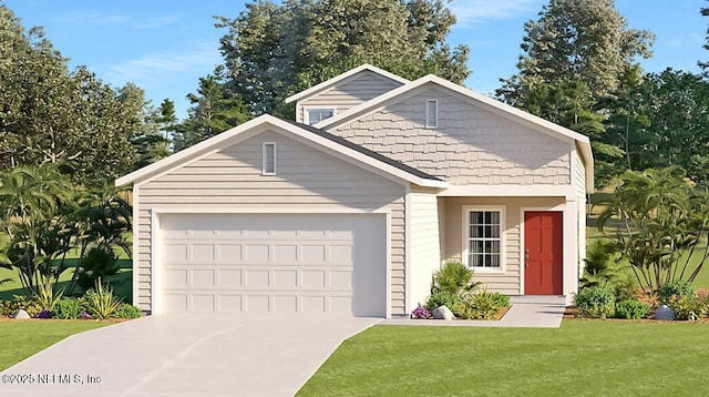 view of front of home with an attached garage, driveway, and a front yard